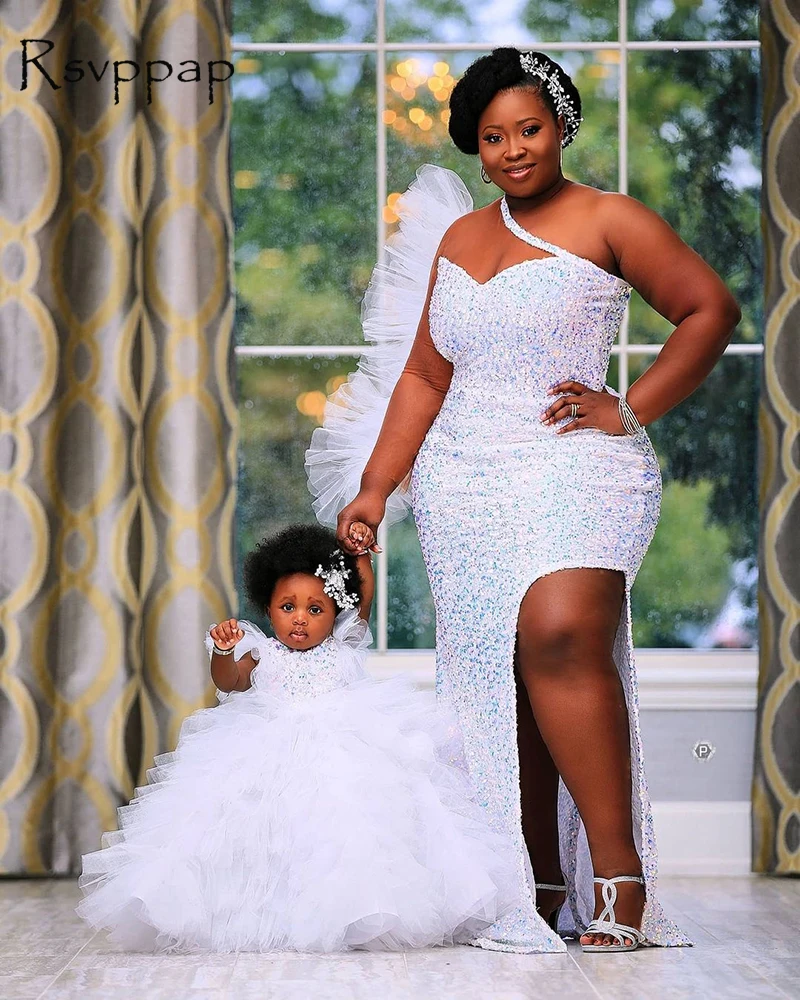 

Single Long Sleeve White Mermaid Long Prom Dresses 2021 Designed Spaghetti Sttrap Sparkly Sequin African Black Girl Prom Dress