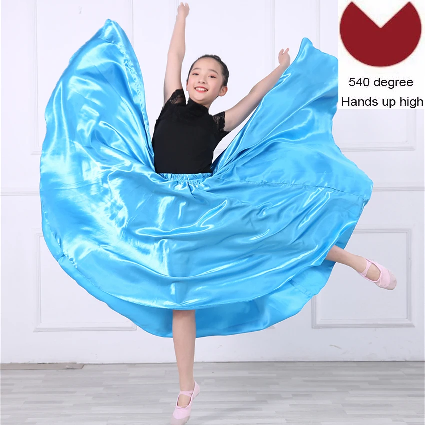 Blue 540 degree Атласная, шелковая, гладкая, цыганская, детская, для девочек, для фламенко, юбка для танцев, Восточная Индия, Одежда для танцев, испанские бальные костюмы - Цвет: Blue 540 degree