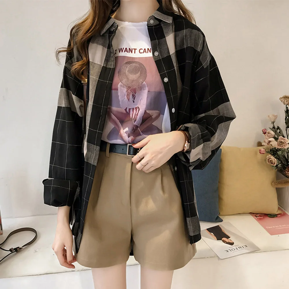 

Harajuku BF Style Plaid Shirts Women Tops Streetwear Loose Casual Basic Chic Shirt Outerwear Korean Vogue Spring Summer Blouse