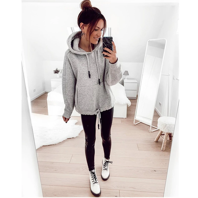 Женская толстовка с карманами Повседневная однотонная Толстовка большого