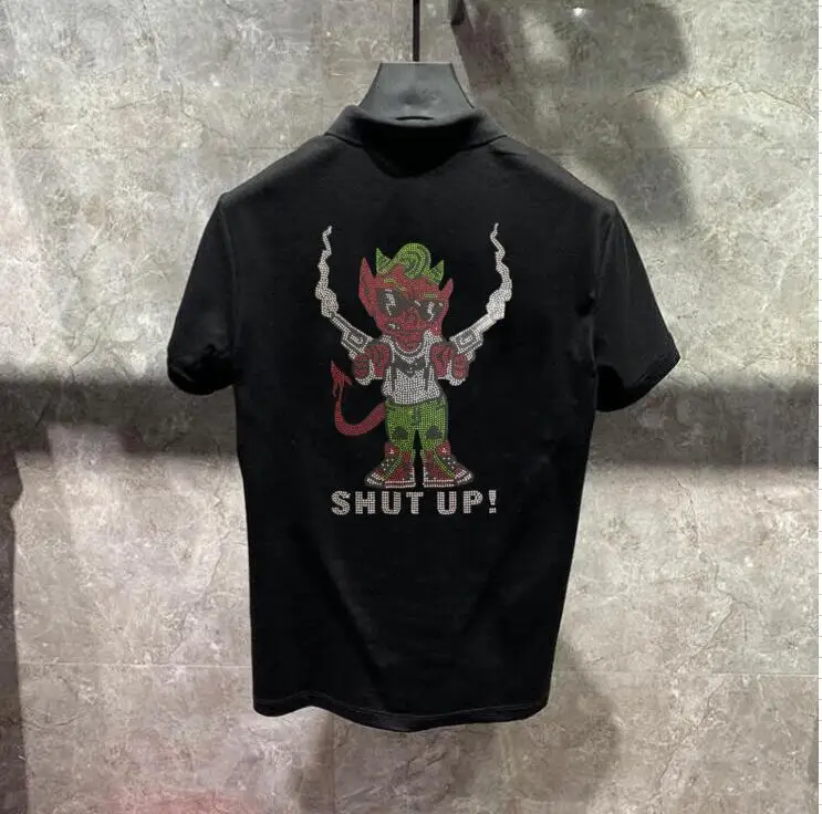 

Cartoon design short POLO Hot drill man with guns handsome Rhinestones men polo shirts