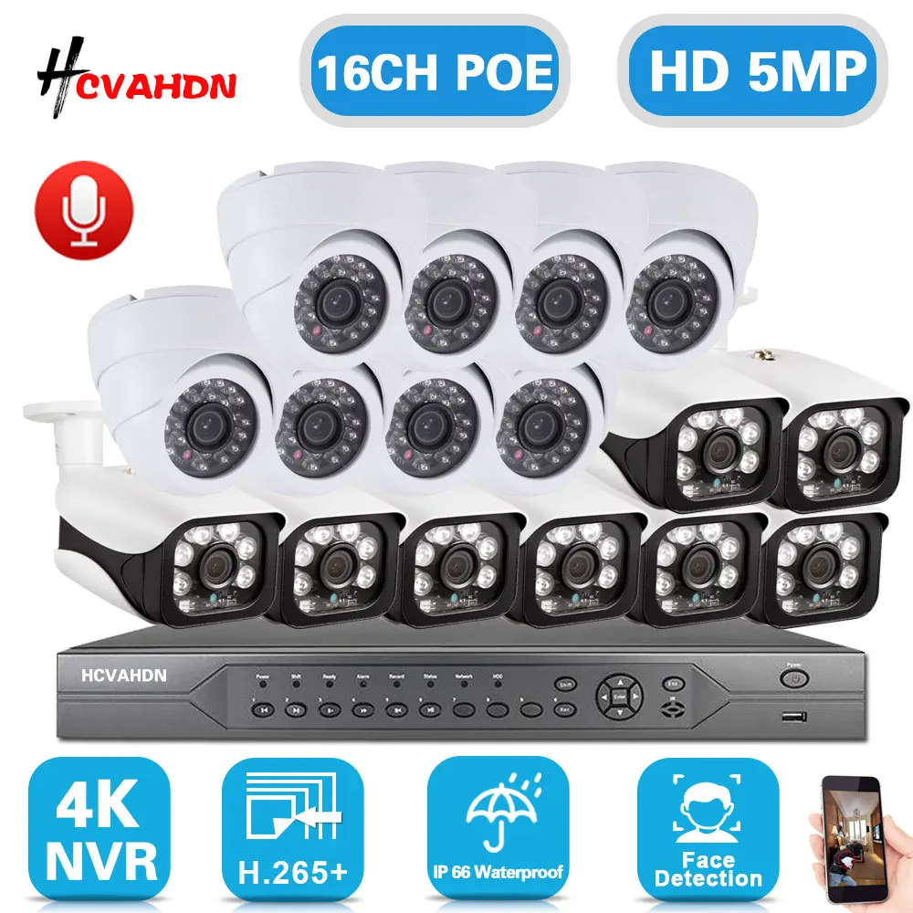 

H.265 POE CCTV Security System 16CH 5MP 4K Audio Record NVR Outdoor POE IP Camera IR Night P2P Video Surveillance Kit 4TB HDD