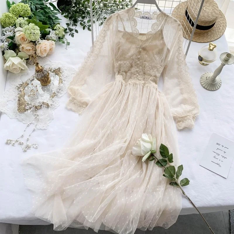 

Women Mesh Lace Crochet Dresses V-neck Elegant Prom Puff Sleeves Women Summer Dot Prom Party Sexy Slim Swing Long Dress