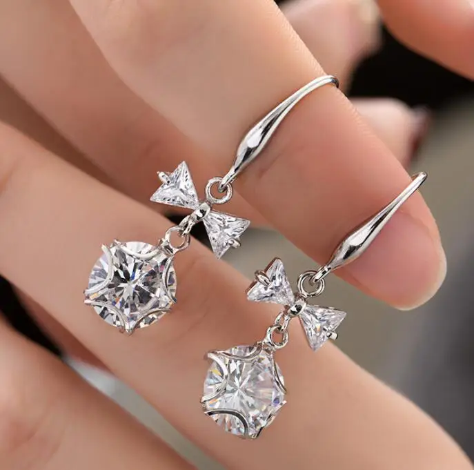 Нежный Хрусталь круглая звезда лук Висячие Сережки для женщин 925 серебро Циркон Серьги Розовые ювелирные изделия Brincos pendientes - Окраска металла: 1