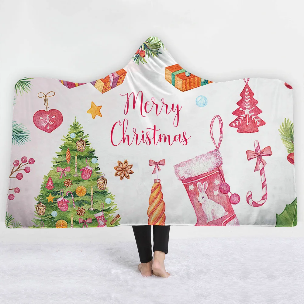 

3D Merry Christmas Hooded Blanket Sherpa Fleece Ocean Blue Wearable Plush Throw Blanket on Bed Sofa Thick Warm