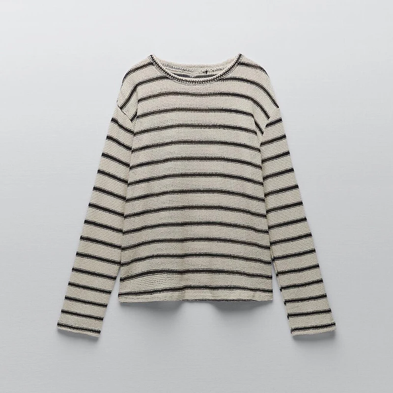 

ZA 2021 summer new women's clothing fashion all-match casual temperament simple loose round neck striped vacation style sweater
