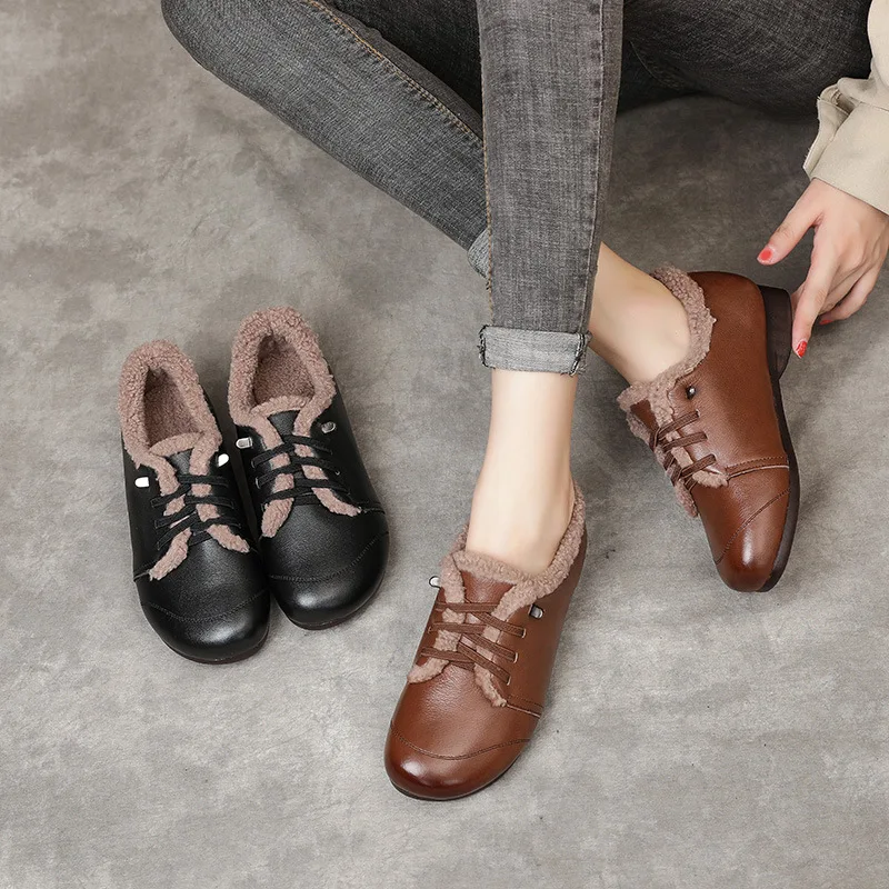 

Genuine Leather Shoes Women Flats Warm Plush Winter Shoes Cow Leather Women Casual Shoes Big Size 41 comfort anti-slip New 2022