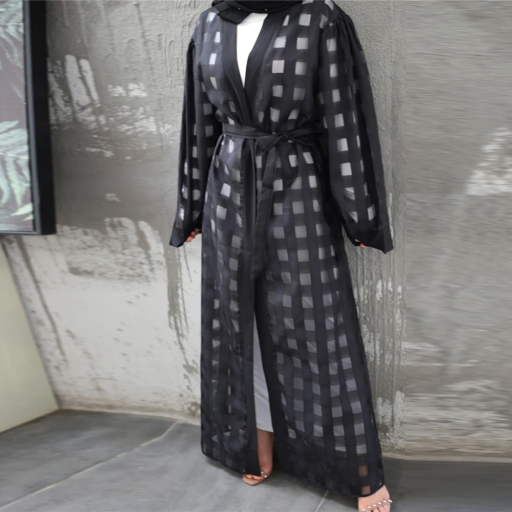 Черный клетчатый Абая Дубай кимоно кардиган хиджаб мусульманское платье