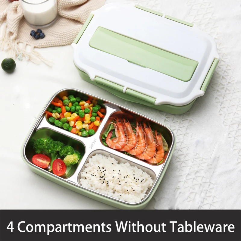 Green no tableware-4 Нержавеющая сталь Термальность контейнеры для еды с отделениями, Герметичная Кружка-порционная коробка Bento для хранения еды контейнер для пикника, офисные школьные Ланч-бокс - Цвет: Green no tableware-4