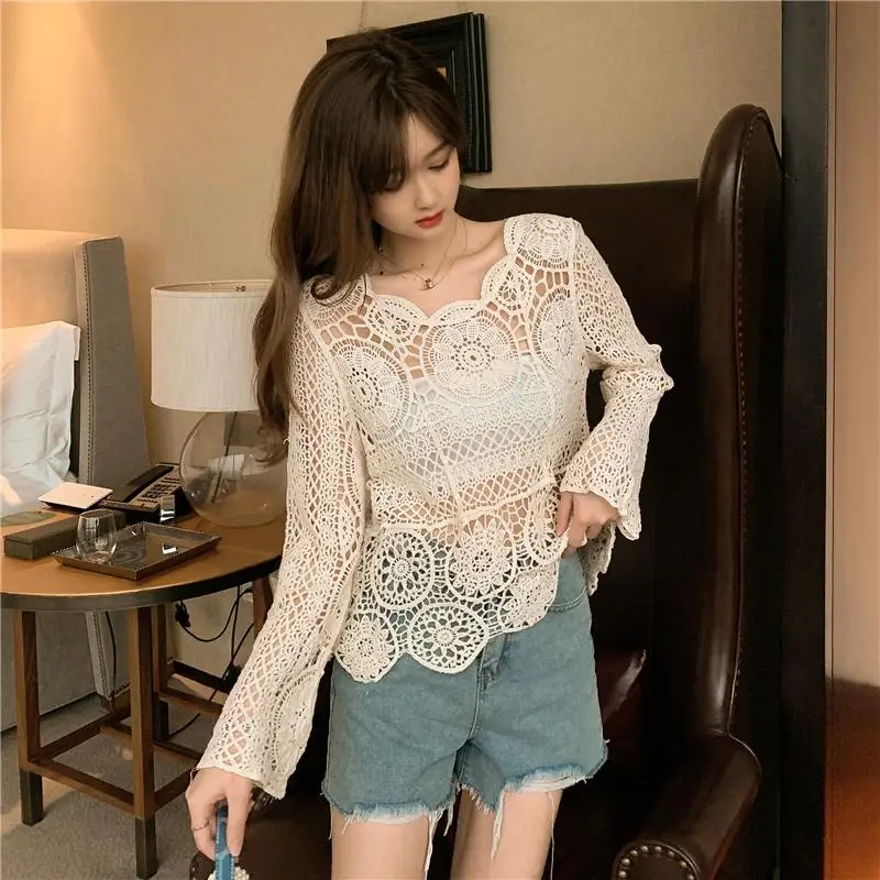 

2021 Summer New Long Sleeve Lace Hollow Knitted Women's Top
