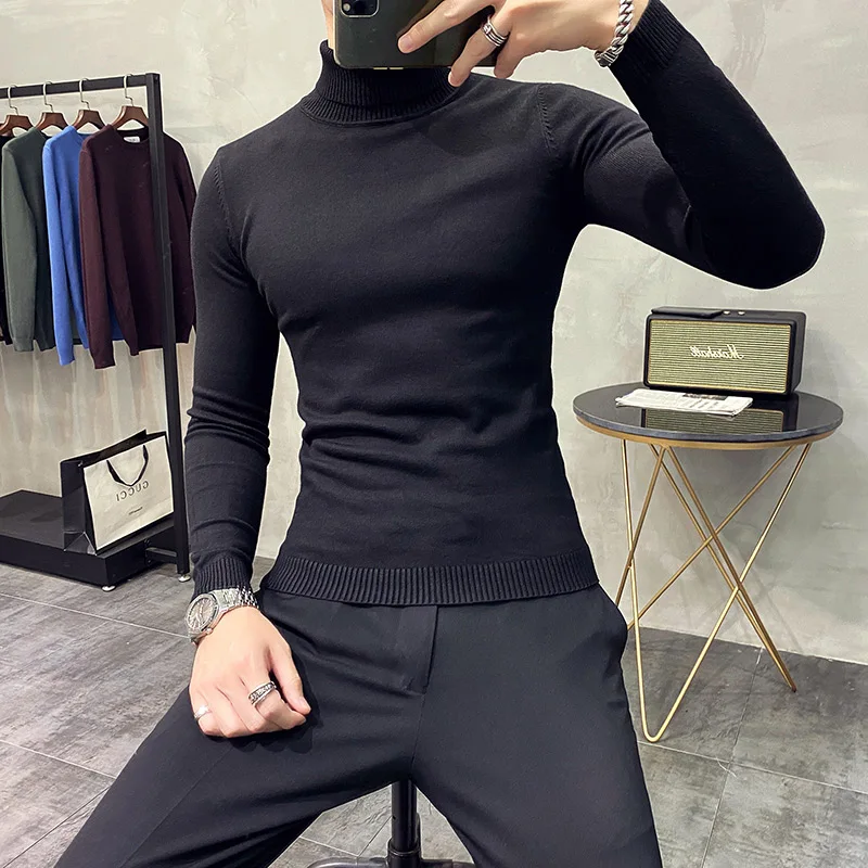 New Casual Men High Quality Winter Solid Color Turtle Neck Long Sleeve Slim Sweater Men's Knitted Sweaters Pullover Knitwear 4XL