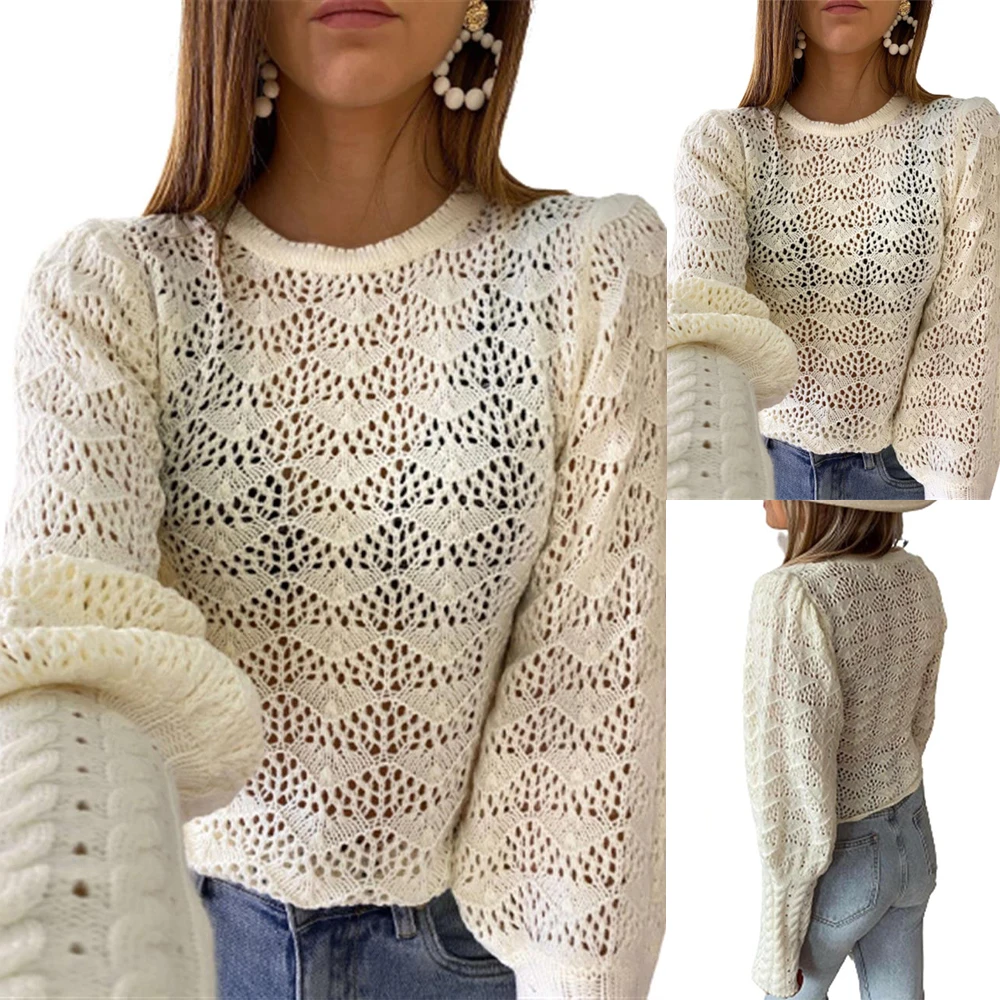 

Autumn Fashion Pullover Women's Tops Hollow Design Sweater Loose Knit Long-sleeved Sweater