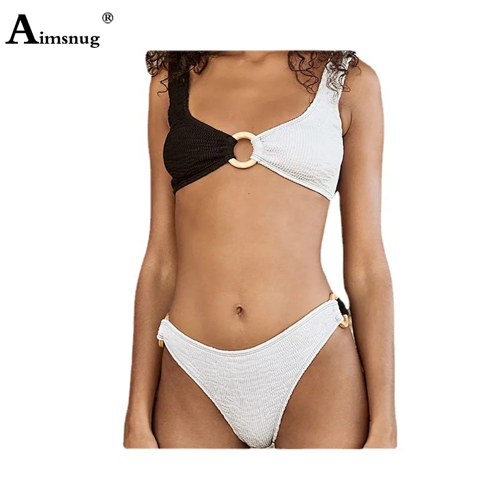 

Women Spliced Fashion Bikini Set 2022 Summer Knitted Two Pieces Swimwear Metal Connect Swimsuits Sexy Femme Push Up 2PCS Outfits