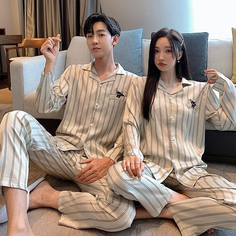 

Striped Pajamas Suit Sleep Set Nightgown Pyjamas Nightwear Women&Men Sleepwear Homewear Rayon Intimate Lingerie 2PCS Tops&Pants