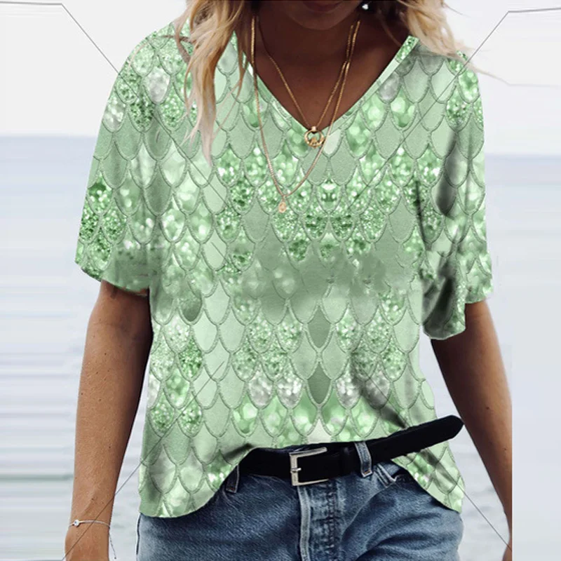 

Fashion Printed Women Blouses and Tops 2021 Casual V Neck Short Sleeve Shirts Summer Lady Loose Streetwear Beach Tops Pullover