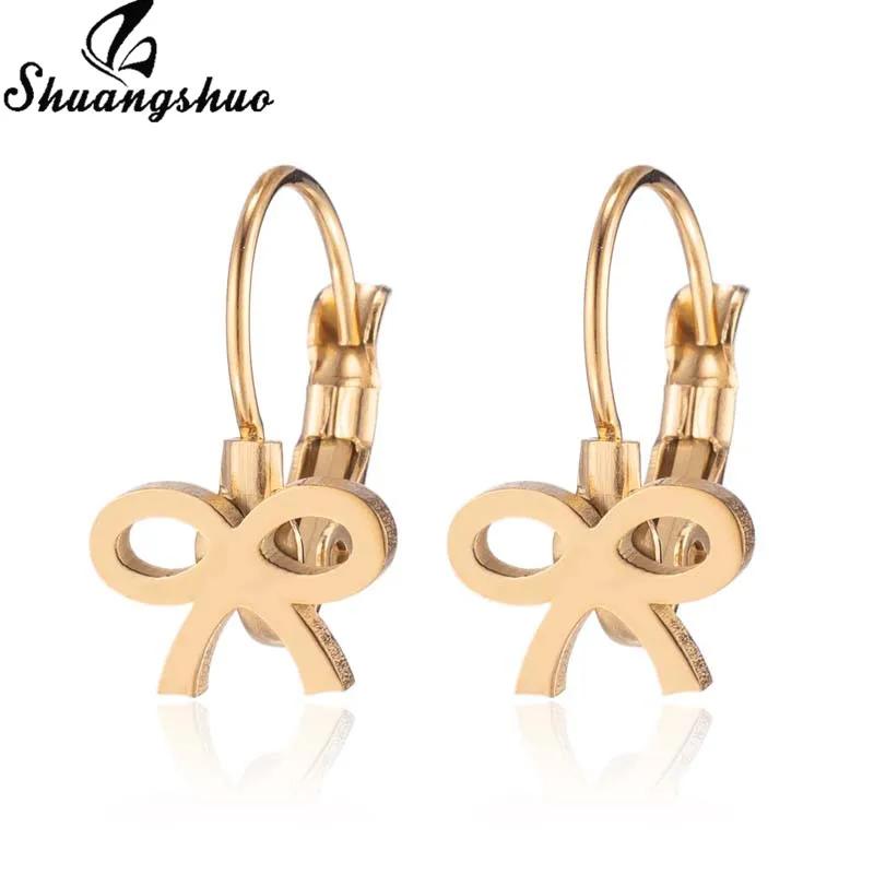 Shuangshuo Cute Tiny Bow Earrings 2019 Jewelry for Women Mini Stainless Steel Knot Stud Best Gifts Girlfriend | Украшения и