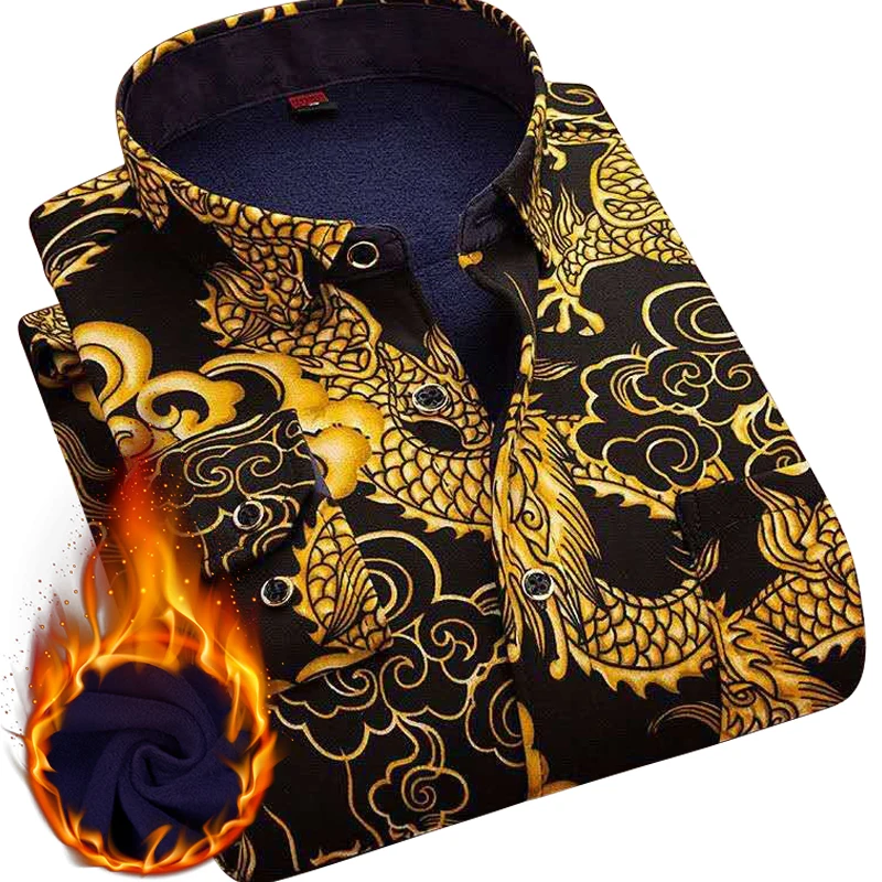 

AOLIWEN Men Winter Warm Plus Fleece Thick Shirt New Men's Brand Trend Chinese Dragon Printed Casual Daily Soft Long Sleeve Shirt