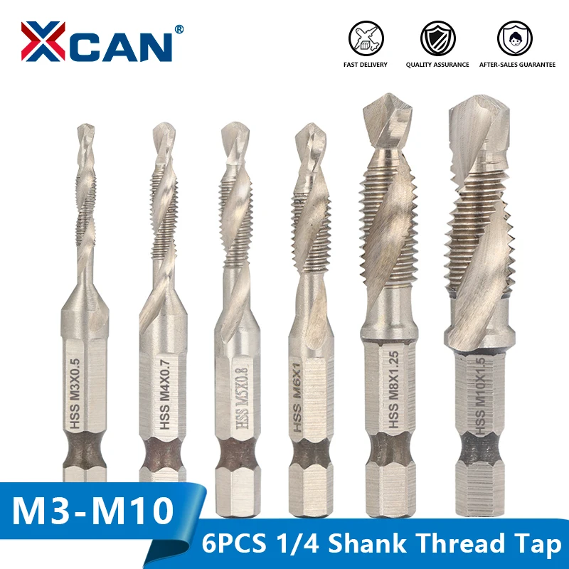 XCAN 6pcs Screw Tap HSS4341 Hex Shank Thread Tap M3 M4 M5 M6 M8 M10 Metric Tap Drill Bits Threading Tools Hand Tool