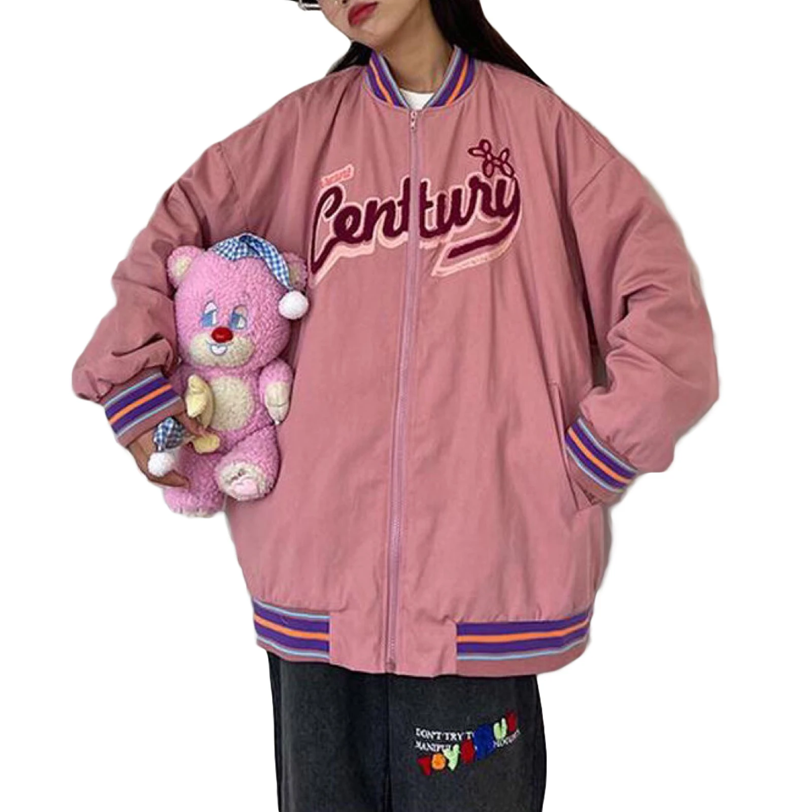 

Женские бейсбольные куртки большого размера, модные пальто на молнии с длинным рукавом и буквенным принтом