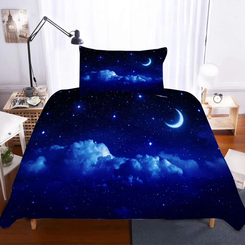 Пододеяльник с ночным небом звездами луной голубыми облаками наволочка