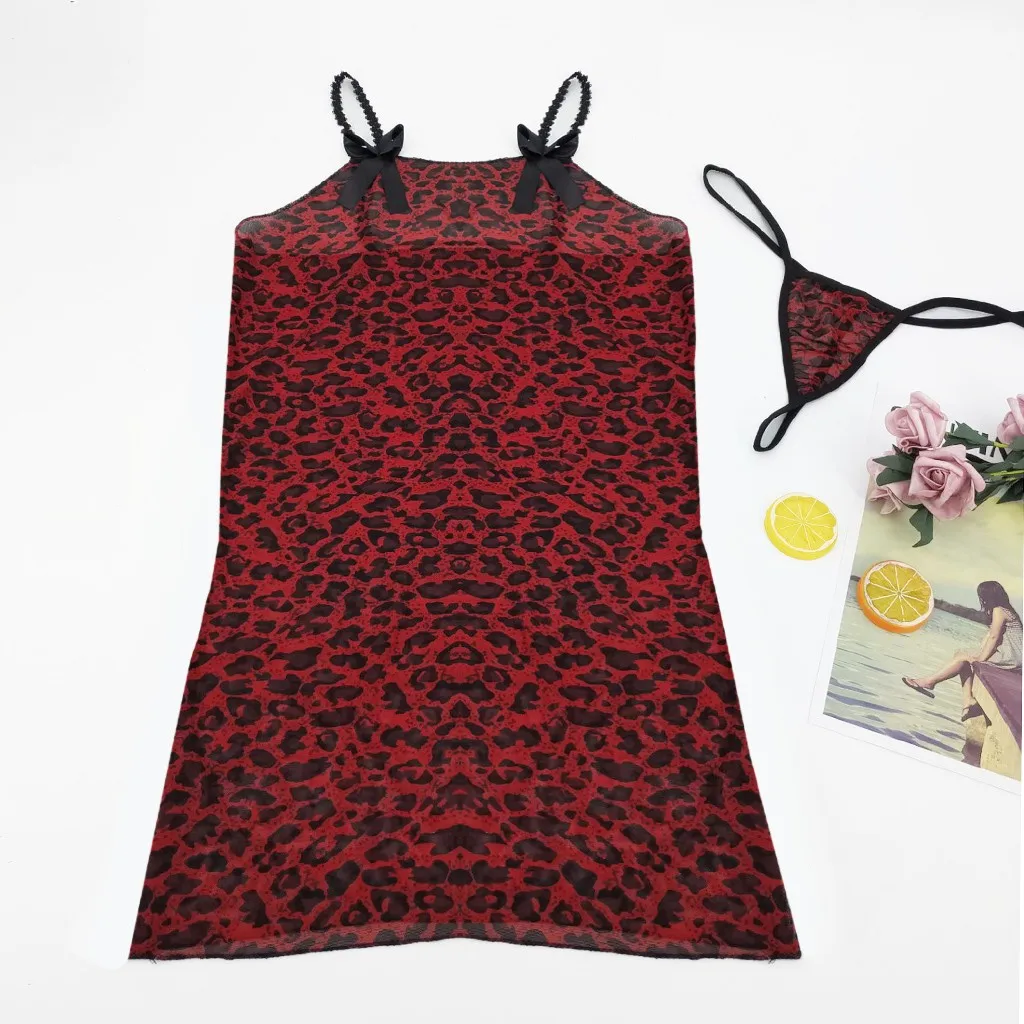 

Sexy Women Bow Lingerie Set Leopard Print Lace Night Dress Trim Lingerie 2pcs Mini Dress + G-string Shinny Teddy Exotic Costumes