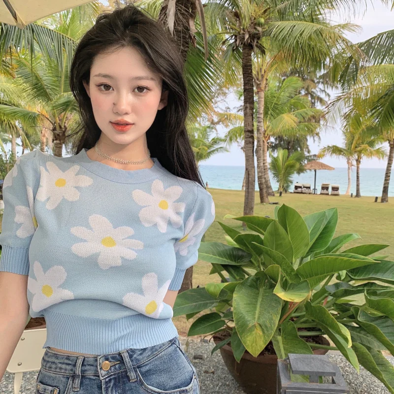 Цветочные трикотажные пуловеры женская одежда больших размеров стильная