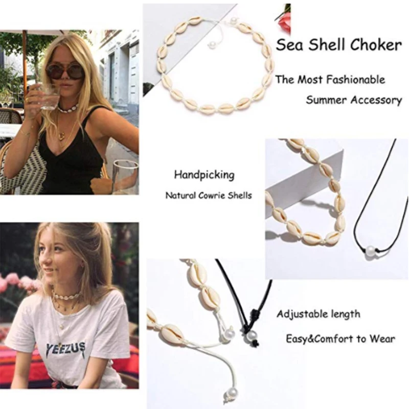 Оболочки Цепочки и ожерелья для Для женщин Boho колье, набор Гавайская чипы оболочка воротник колье в стиле Surfer жемчужный шнур Цепочки и ожерелья набор