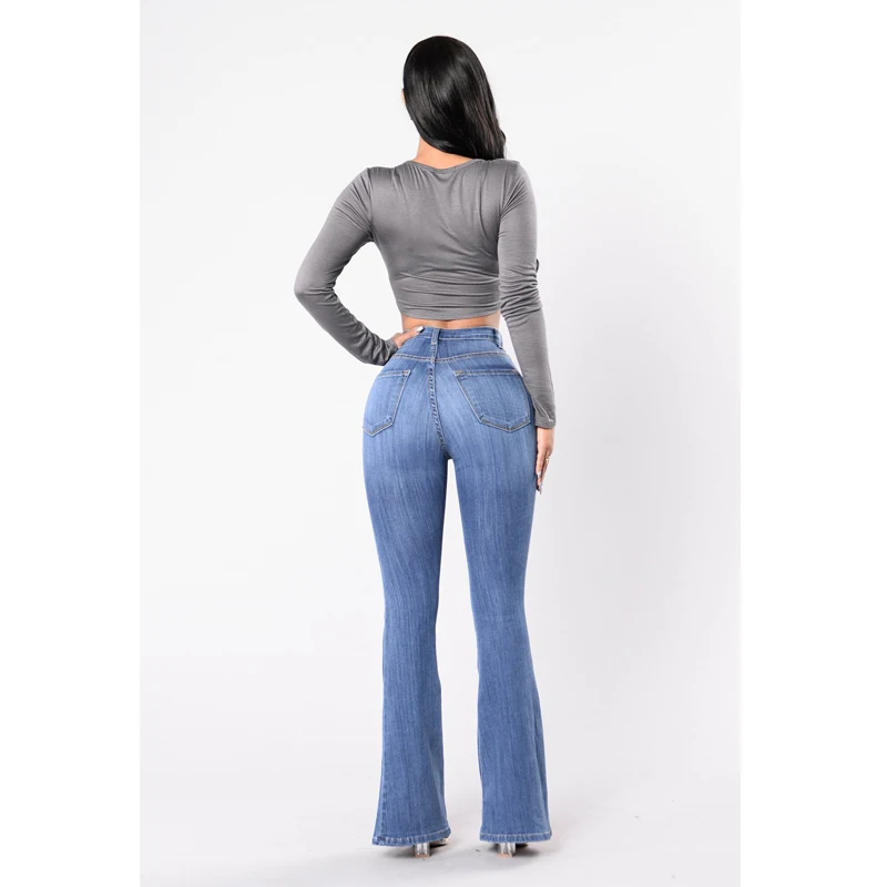 

Blue Flare Jeans Women High Waist Single Breasted Denim Pants Full Length Butt Lifting Fit Slim Wide Leg Bottom Trousers