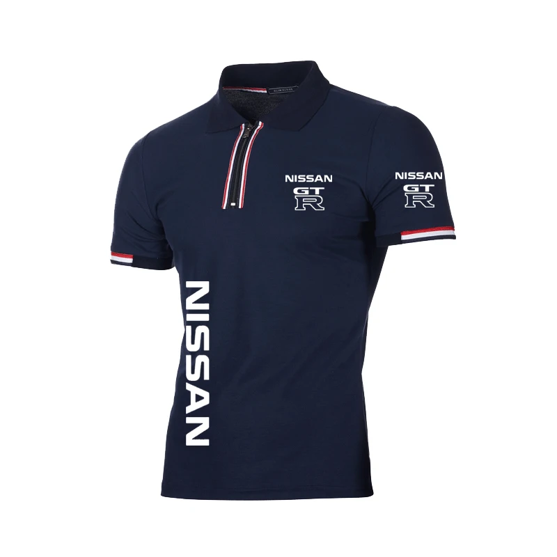 

2021NEW Summer Men's tops GTR Car Logo Printed short sleeve high quality cotton Solid color Striped zipper Men's polo shirt