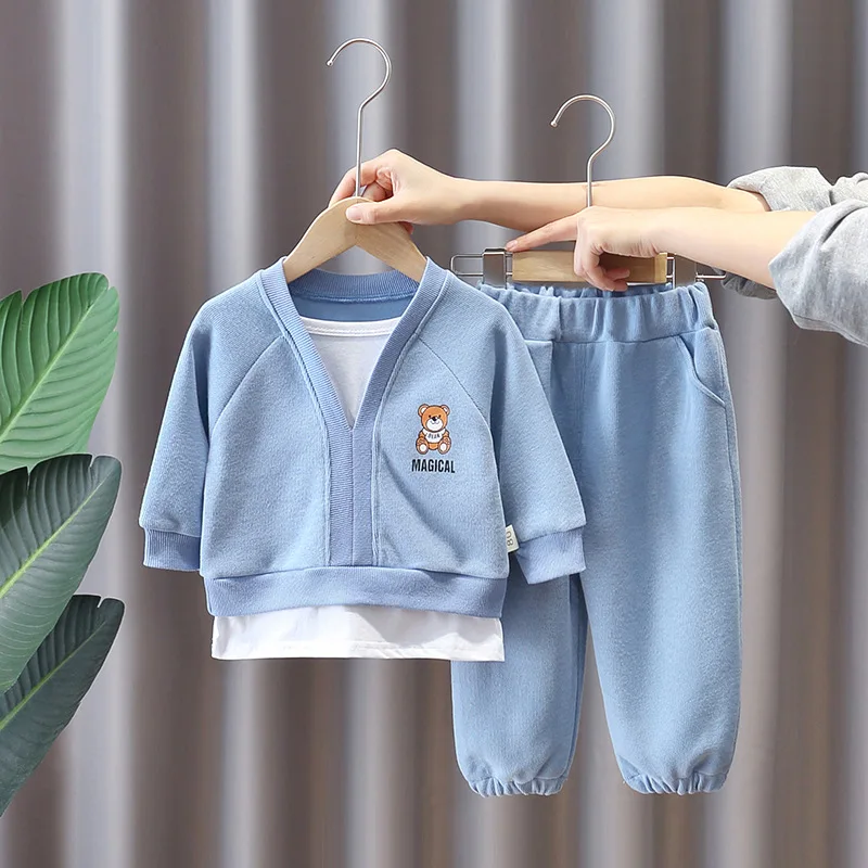 

Spring Autumn Boys Clothing Set Pure Cotton Cartoon Bear Decorate Splicing Long Sleeve Top + Pants 2 Pcs Suit For 1-5 Years Old