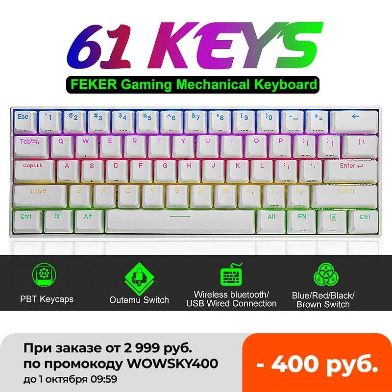 

Механическая игровая клавиатура FEKER, 61 клавиша, 60% дюйма, NKRO bluetooth 5.0 Type-C RGB PBT, клавиши, переключатели Outemu для механической клавиатуры