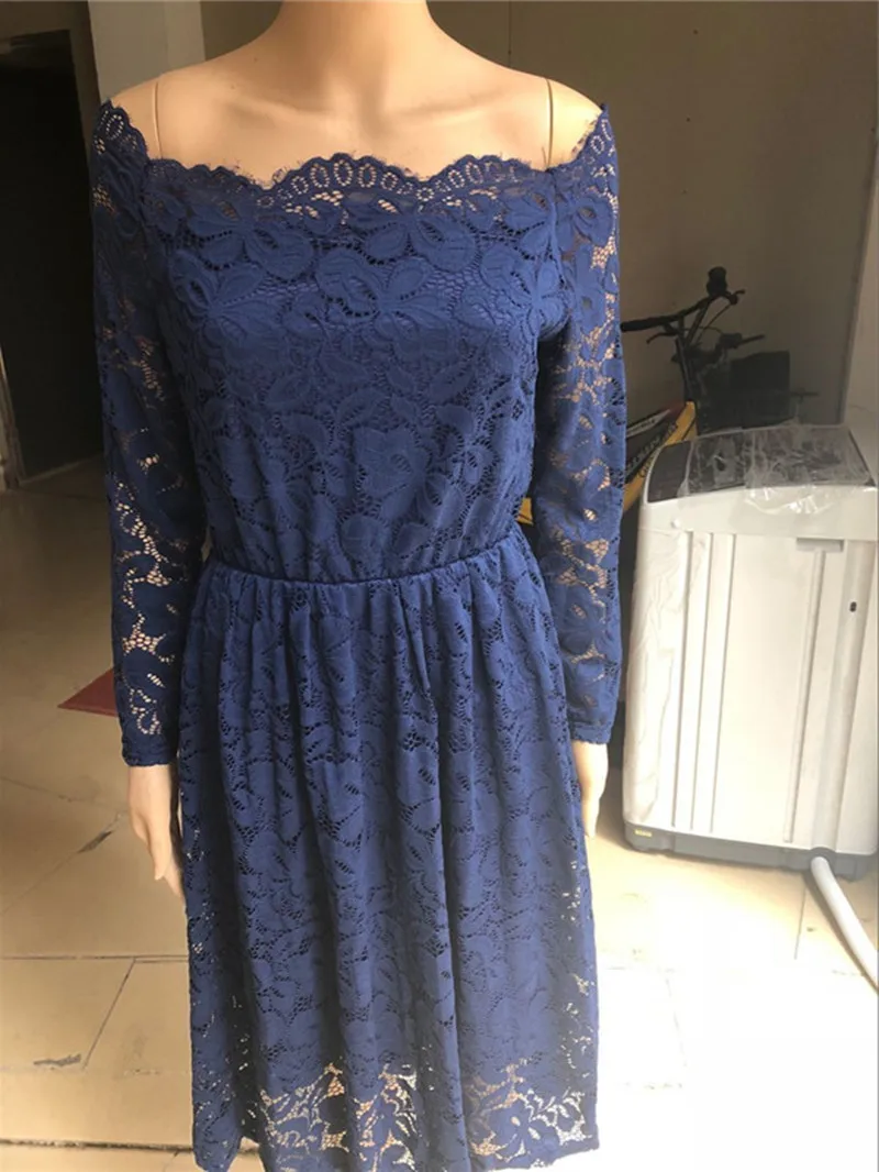 

Elegant Fashion Sexy Harajuku Party A-Line Solid Vestidos Hollow Out Autumn Lace Office Lady Slash Neck Dress Women