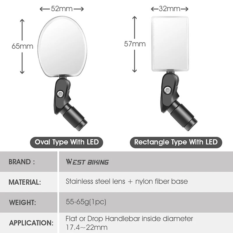 

Bike Rearview Mirror With 5 Colors LED Warning Light Handlebar End 360 Degree