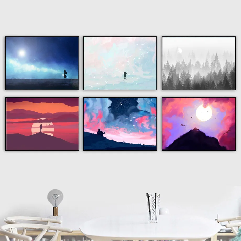 Мультфильм Красочная девушка Луна солнце лес птица скандинавские плакаты и