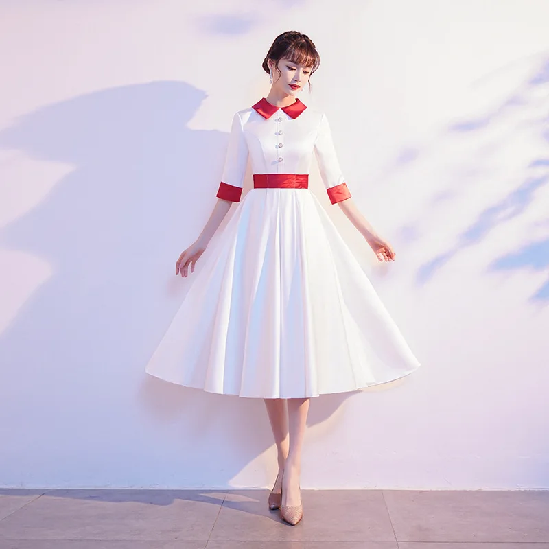

Plus Size 3XL Women Satin Evening Dress Sweet Pater Pan Collar Pleated Dresses Mid-Length Pearl Button Skirt Banquet Prom Gown