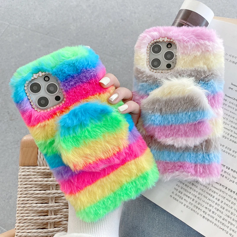 

Signalshin Colorful Rainbow Makeup Mirror Phone Case For Xiaomi Mi 11 Lite 8Se 9 10T Pro CC9e Poco X3 NFC A3 Soft Plush Cover