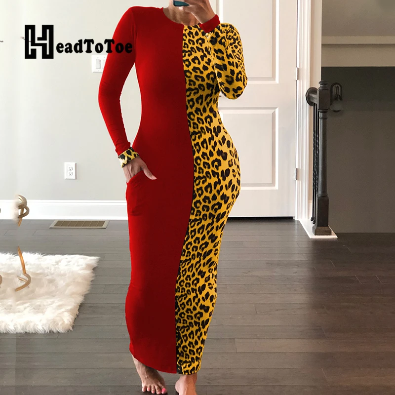 

Colorblock Leopard Print Pocket Party Sexy Dress Woman Long Sleeve O Neck Skinny Ankle Length Slim Long Dress