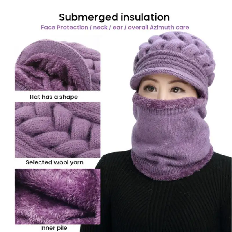 

Women Bib Beanie Hat Pom Bobble Scarf Mask Set Knitted Winter Warm Snow Ski Cap Hot Sale New Arrivals