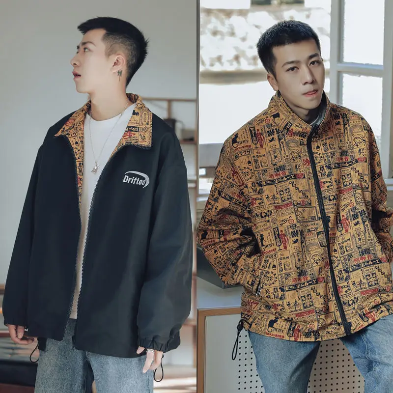 

Новая весенняя Двухсторонняя куртка с принтом и воротником-стойкой Мужская свободная облегающая Корейская куртка модная куртка