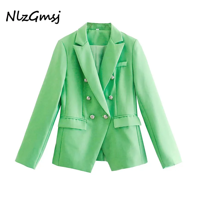 

Женский блейзер Nlzgmsj Za 2021, осенняя шикарная двубортная куртка с отложным воротником и карманами, зеленые блейзеры, женские пальто 202110