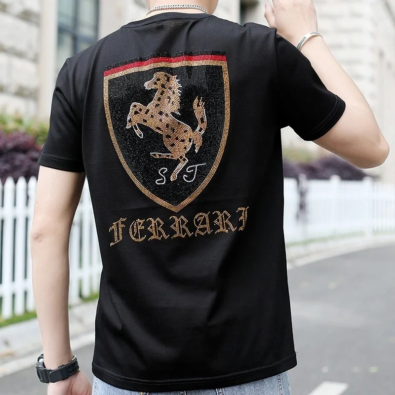 

Rhinestone Print T-shirts Men Summer Short Sleeve Casual Streetwear T Shirt Business Social Luxury T-shirt Men O-neck Tees Tops