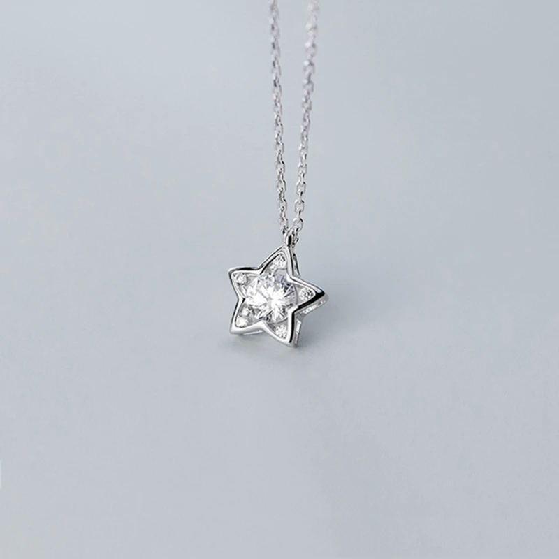 100% Настоящее серебро 925 пробы блестящий CZ пентаграмма подвеска ожерелье 41 см