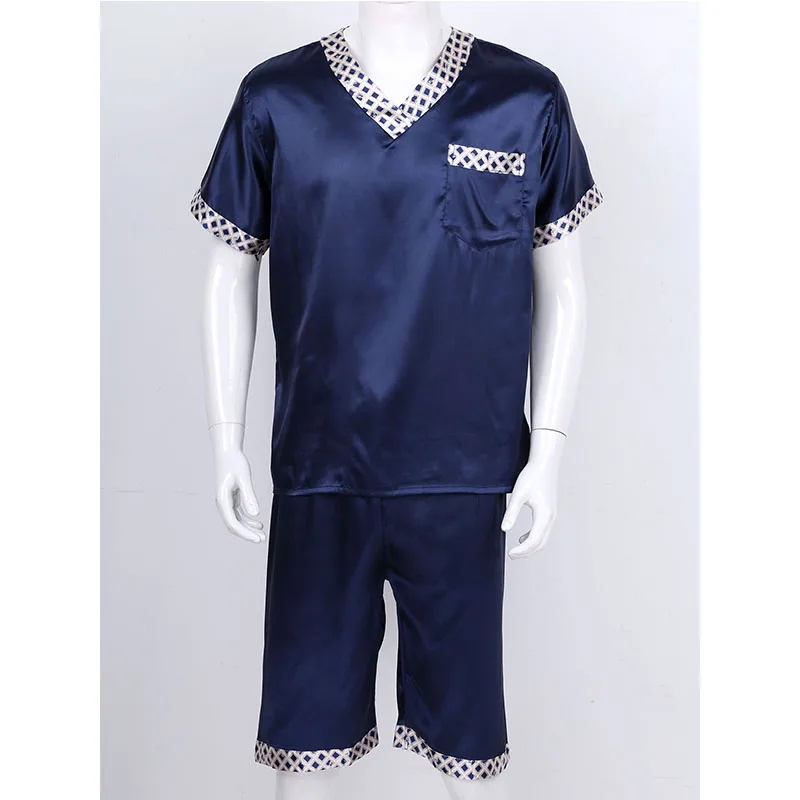 Men Satin Plaid Pajamas Sets V Neck Short Sleeve Pocket T-Shirt Tops with Shorts Leisure Wear Home Clothing Sleepwear Nightwear