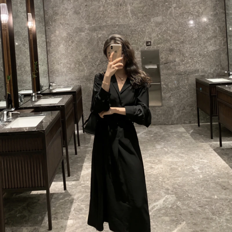 

Lesavir 2021 Plus Size Black Dress Female Long-sleeved Spring New Style Shirt Skirt High-waist Lace-up Waist Slimming Long Skirt