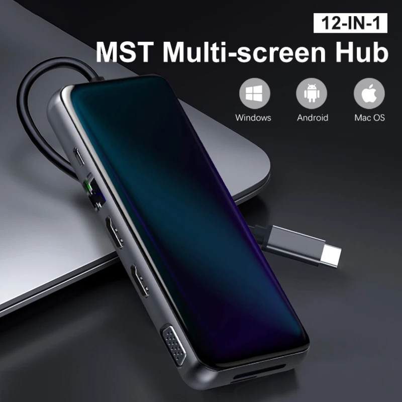 

Концентратор USB C для Macbook Pro, концентратор с тройным дисплеем типа C, двойной HD-совместимый DP SD кардридер, 3,5 мм, адаптер 12 в 1, док-станция Usb C
