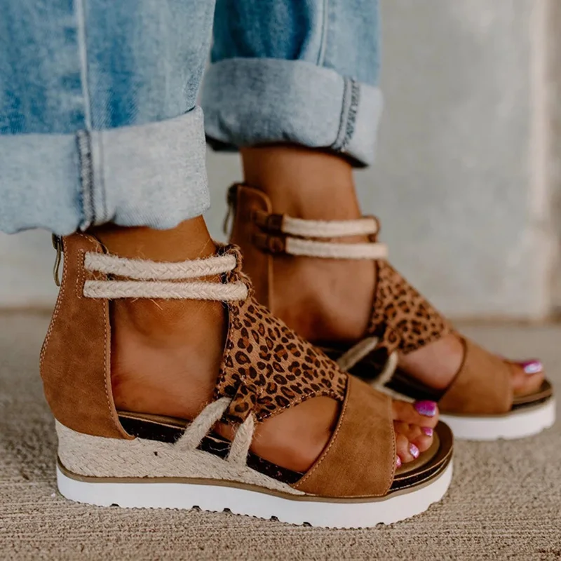 

Leopard Print Slope Heel Splicing Women Sandal Summer 2021 Hemp Rope Woven Platform Shoes Open-toe Beach Lady Sandals Plus Size