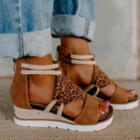leopard print slope heel splicing women sandal summer 2021 hemp rope woven platform shoes open toe beach lady sandals plus size