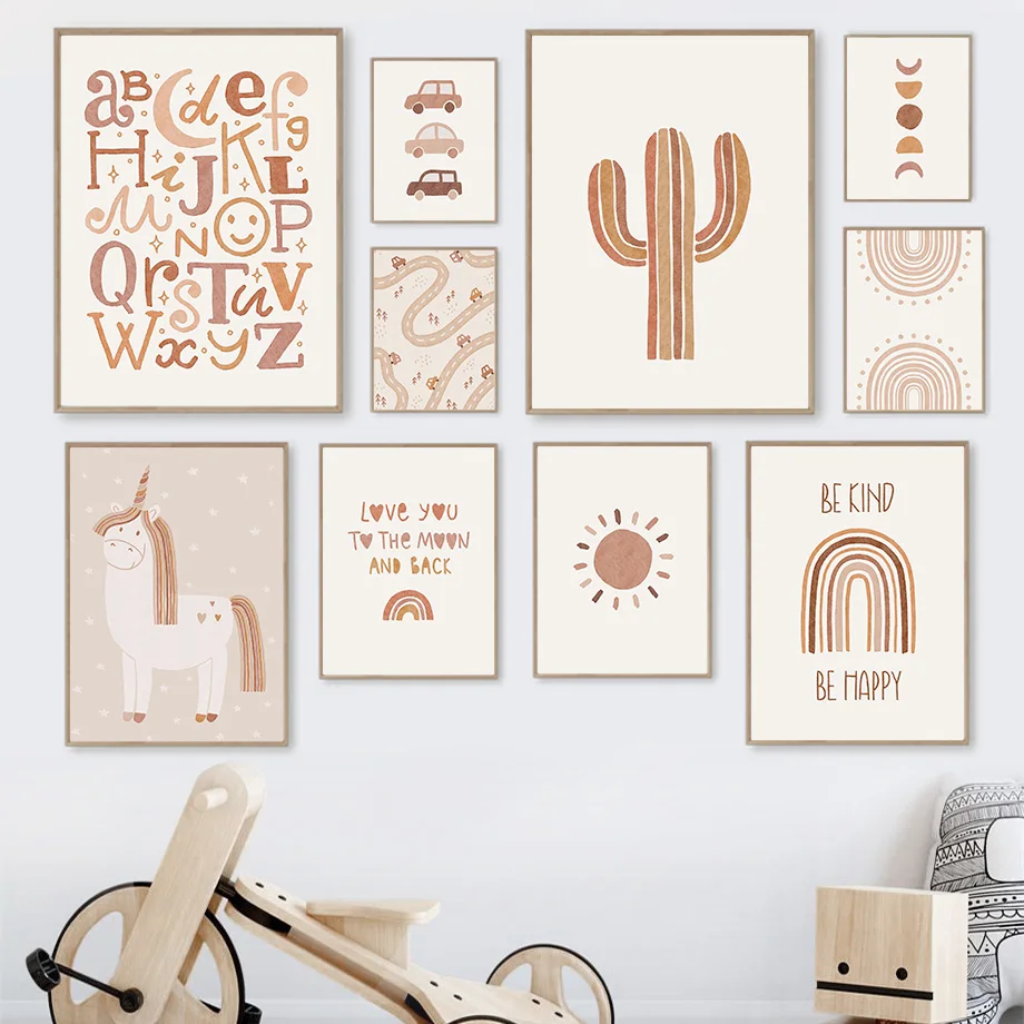 

Unicorn Cactus Sun Rainbow Car Letters Wall Pictures Baby Kids Room Abstract Boho Posters And Prints Wall Art Canvas Painting