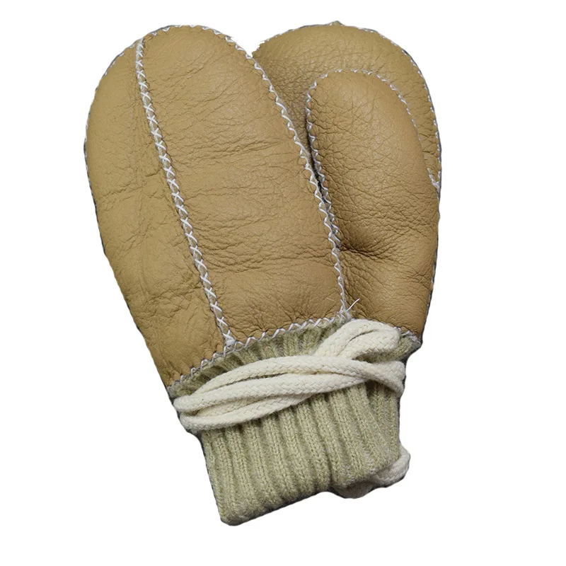 

Men's and Women's Children's Leather and Fur Gloves, Hand-stitched Winter Warmth, Playing with Snow, Lanyard Sheepskin Gloves
