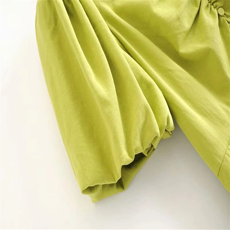 

Solid V Neck Mini Dress Women Summer Lantern Short Sleeve Elegant Dresses Button Pleated Casual Green White Dress Female